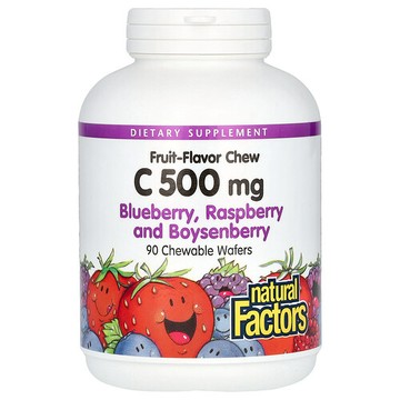 Natural Factors, 水果味維生素 C 咀嚼片，藍莓、樹莓和博伊森莓，500 毫克，90 片咀嚼片