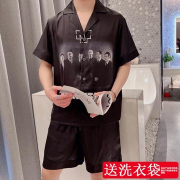 睡衣男夏季短袖冰絲潮牌復古情侶款女真絲家居服絲綢套裝大碼薄款
