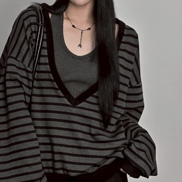 Codibook｜韓國 binary01 艾文條紋V領長袖上衣［現貨 - 深灰色］長袖上衣 女裝