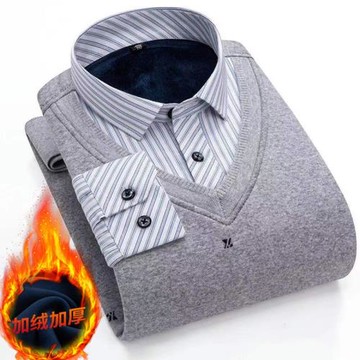 冬裝加絨保暖襯衫男襯衫領假兩件毛衣加大碼中年爸爸裝加厚針織衫