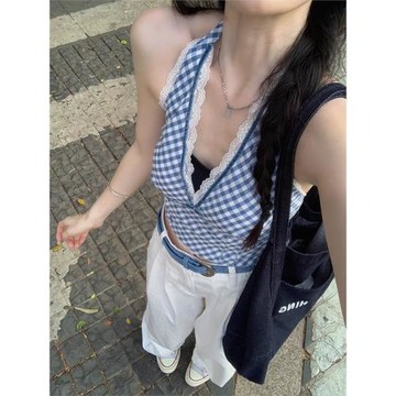 kumikumi甜辣妹風撞色格子吊帶背心女裝夏季復古蕾絲花邊掛脖上衣
