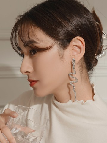 輕奢鑲嵌鋯石蛇型925銀針耳環