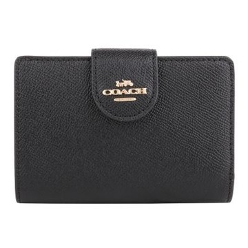 COACH 金馬車LOGO 防刮皮革釦式拉鍊中夾(黑色)