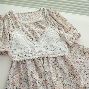 碎花裙外搭鏤空V領針織吊帶兩件套收腰顯瘦雪紡方領短袖連衣裙女