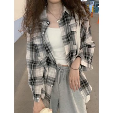 歐貨薄款格子襯衫女2025新款春秋復古港味寬松設計感防曬襯衣外套