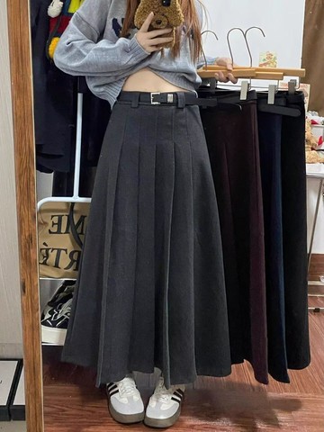 【🍒櫻桃大尺碼】大尺碼 秋冬美式大碼胖mm時尚學院風百褶裙女毛呢高腰顯瘦防走光裙子