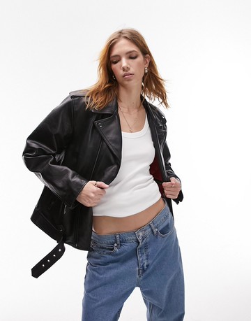 Topshop real leather oversized biker jacket in black