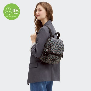 『猴子包』幾何印花拉鍊掀蓋後背包-CITY PACK MINI