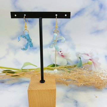 藍色系不對稱蝴蝶結樹脂耳環 14KGF金包銀耳勾 可改夾式