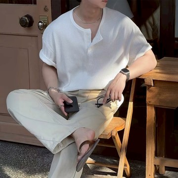 華夫格亨利領短袖T恤男 夏季薄款透氣寬鬆休閒短袖上衣男