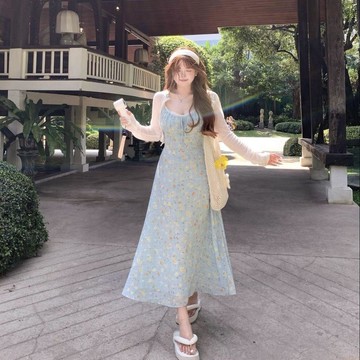 【吉野姐姐】大碼女裝 胖MM夏季甜美氣質細肩碎花洋裝+防曬開衫套裝 修身顯瘦 吊帶裙 碎花連身裙 兩件式 大尺碼洋裝
