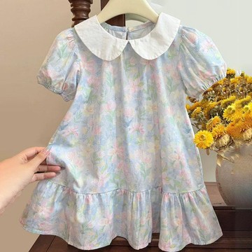 🍭臺灣出貨🍭女童夏季新款純棉韓版滿印油畫連衣裙女寶寶洋氣兒童裙子潮款童裝 女童洋裝 女寶洋裝 女童連身裙 女童公主裙