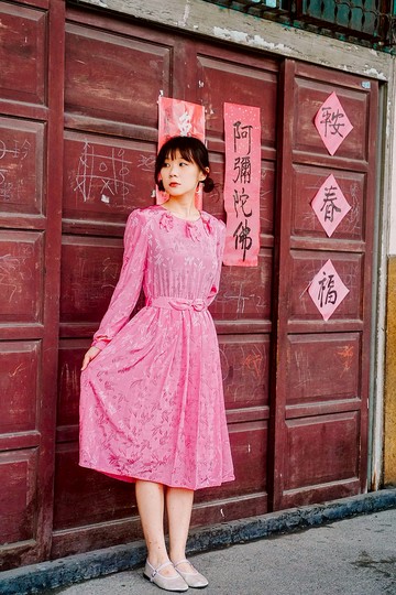 Vintage 古著 洋裝 老洋裝 刺繡花雨桃紅洋裝 古洋 | 純情百貨行