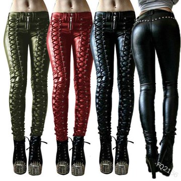 外貿新款歐美綁帶PU皮褲拼接拉鏈褶皺長褲女士pants for women。
