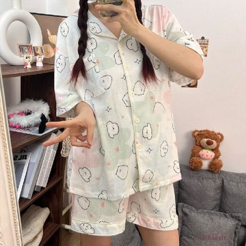 可愛彩色雲朵小狗睡衣女夏季新款短袖ins卡通學生家居服套裝外穿兩件式睡衣可愛睡衣睡衣女韓版睡衣短袖睡衣