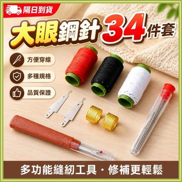 🔥現貨隔日到貨🔥34件套大眼針 家用手縫針 縫衣針 大眼鋼針 被子針  縫紉針 大頭針 手縫針線 縫線鋼針 大鼻子鋼針