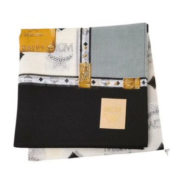 MCM 經典品牌字母LOGO印花撞色邊圖騰帕領巾(米白底/黑色灰色邊/50CM)