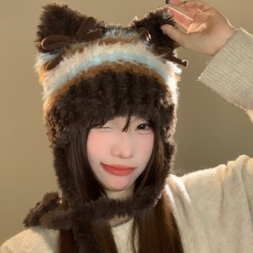 免運🔮亞比風貓耳朵毛絨帽女賞雪帽秋冬蝴蝶結條紋護耳針織帽顯臉小保暖毛綫帽秋冬加厚保暖帽子 漁夫帽 毛茸茸包頭帽