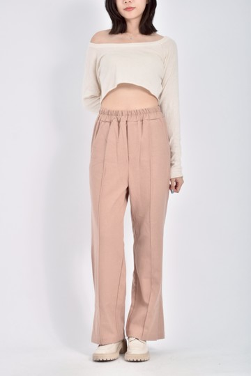 (L) sandalwood高腰質感鬆緊腰杏色長褲