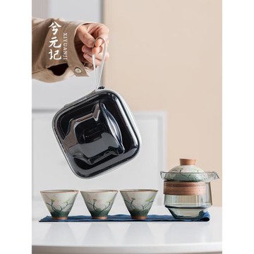 哥窯一壺三杯快客杯便攜式戶外旅行茶具套裝隨身旅游露營泡茶茶杯