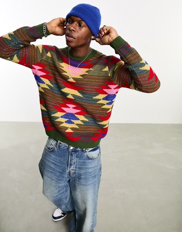 ASOS DESIGN knitted jumper with aztec pattern in orange-Multi