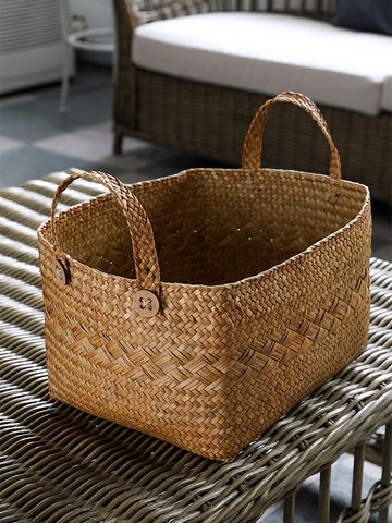 文藝范草編收納筐 軟體收納整理筐附提手編織籃水果籃野餐籃