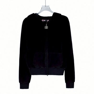 (L) balenciaga質感水鑽連帽拉鏈黑色外套