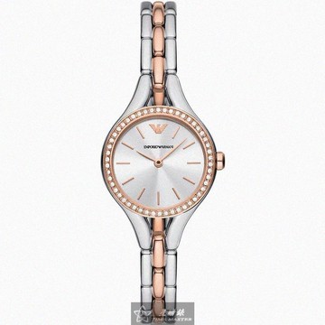 ARMANI手錶，編號AR00084，28mm玫瑰金圓形精鋼錶殼，銀白色簡約， 中二針顯示錶面，金銀相間精鋼錶帶款_廠商直送