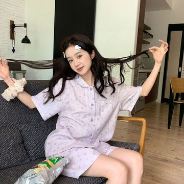 ins風夏季新款小清新碎花短袖睡衣女卡通印花短袖套裝家居服外穿 短袖短褲居家服 寬鬆睡衣套裝 兩件套睡衣 短袖睡衣 韓版