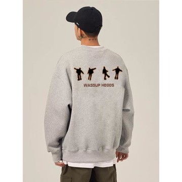 WASSUP陰影人像美式重磅灰色衛衣男秋冬季寬松加絨情侶圓領上衣服
