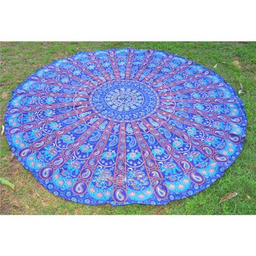 2023外貿旅行度假溫泉圓形復古孔雀印花沙灘巾防曬披肩游泳巾墊