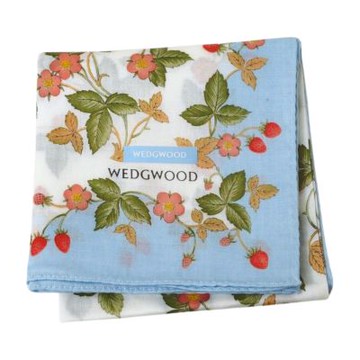 WEDGWOOD  草莓花卉輕柔藍邊字母LOGO圖騰帕領巾(米白系/水藍邊/50CM)
