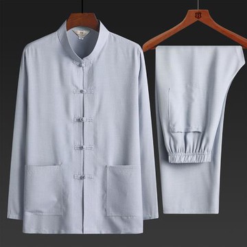 夏季中老年棉麻唐裝男士長袖亞麻襯衫新中式漢服套裝中國風爸爸裝