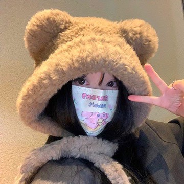 可愛小熊耳朵帽子 女秋冬季毛絨針織帽 大頭圍 顯臉小護耳保暖毛綫帽 冬天帽子 可愛帽子 保暖帽子 交換禮物 聖誕禮物