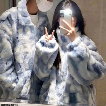 扎染羊羔毛外套女秋冬寬鬆學生加厚加絨拉鍊立領上衣