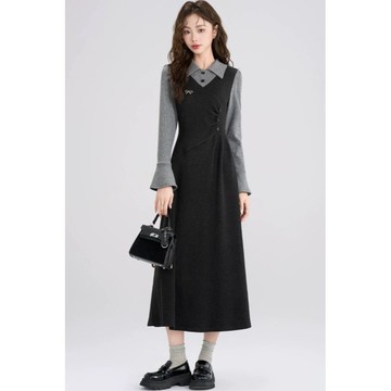 秋冬季大碼胖mm假兩件潮法式復古連衣裙顯瘦女黑色長款裙子