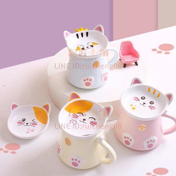 創意帶蓋帶勺卡通貓咪陶瓷杯可愛馬克杯個性早餐點心杯少女喝水杯【倪醬小鋪】