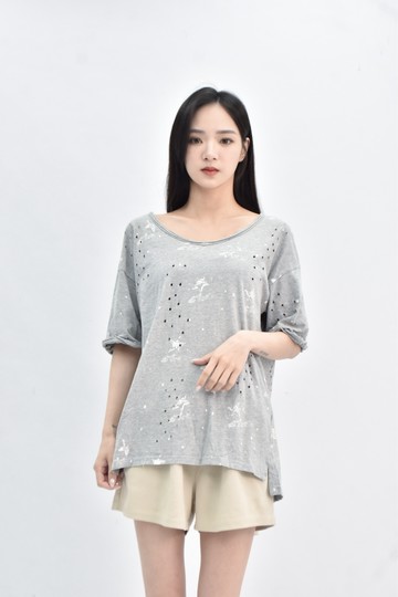 (L) et boite 棉質純棉破洞灰色短袖上衣
