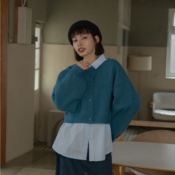 圓領排釦澎袖短版針織上衣 三色售