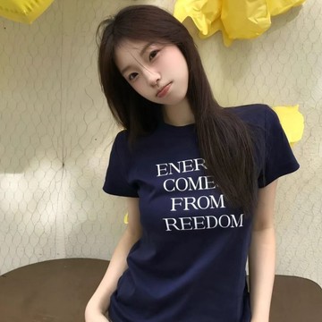精選重磅純棉240G藏青色圓領正肩短袖t卹女修身小眾百搭上衣 甜美清新圓領正肩短袖t卹女  6Y