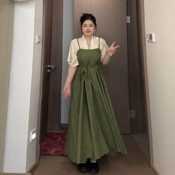 【M-5XL大尺碼】大尺碼女裝 新中式女裝 復古女裝 300斤大碼新中式國風宋制改良漢服兩穿開衫+吊帶連衣裙兩件套潮