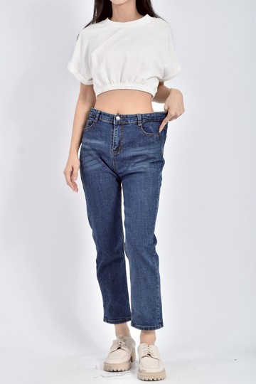 (M) 高腰丹寧牛仔質感藍色長褲