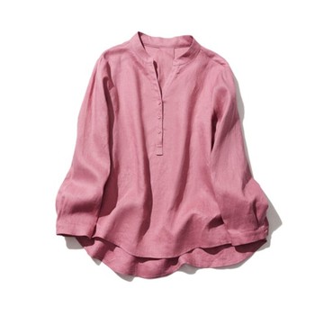 清新V領長袖亞麻衫 舒適透氣 休閒優雅 沉稳红色220401-4