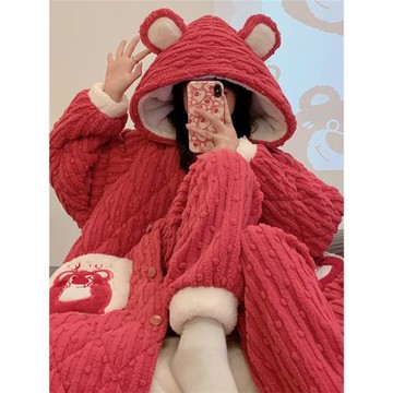 睡袍冬季天三層夾棉襖保暖睡衣女款珊瑚絨可愛家居服套裝加厚加絨