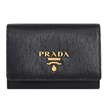PRADA 1MH026 浮雕LOGO水波紋扣式零錢卡包/簡易短夾.黑