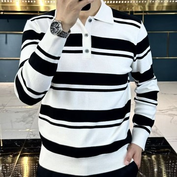【秋冬新款 長袖Polo 工作服 寬鬆大碼 長袖t】春秋季新款高档衬衫领男士长袖潮流时尚百搭条纹撞色翻领针织polo衫