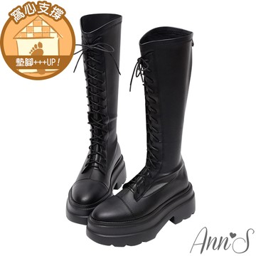 Ann’S防潑水材質 修飾力爆表~顯瘦5公斤V口綁帶厚底及膝長靴7.5cm-黑