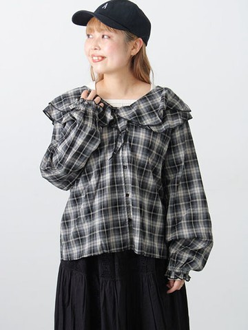 甜美層次荷葉領排釦長袖純棉襯衫(0F001607910) - Samansa Mos2