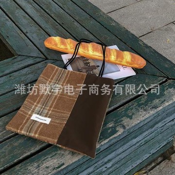 布凡良品/跨境批發慵懶風毛呢格拼接帆布包女文藝復古手提小方包