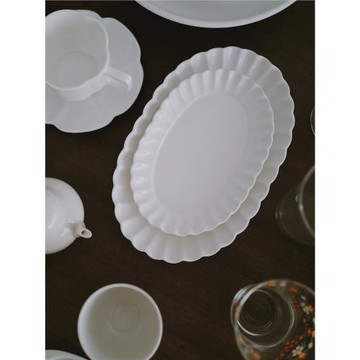 糯米瓷 國器 復古折邊橢圓盤 菊瓣純白陶瓷盤子 早餐盤 家用餐具